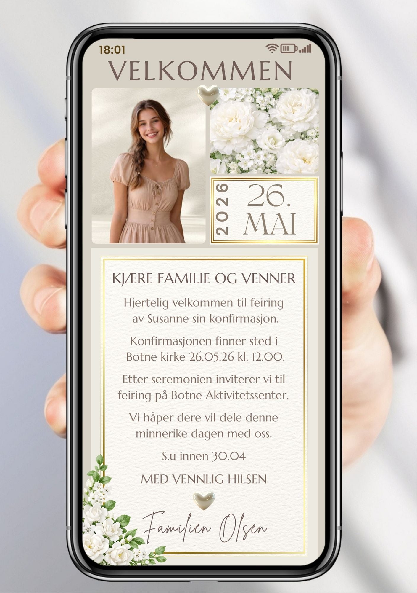 Digital konfirmasjonsinvitasjon med hvite blomster, dato og personlig bilde – eksklusivt og elegant design klar til deling på mobil