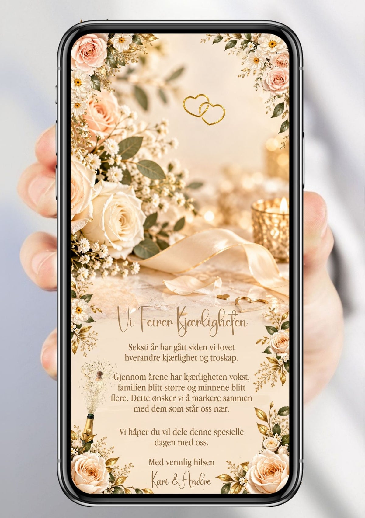 Digital invitasjon til bryllupsjubileum vist på mobil med kremhvite og rosa roser, sammenflettede gullhjerter, levende lys og personlig invitasjonstekst.