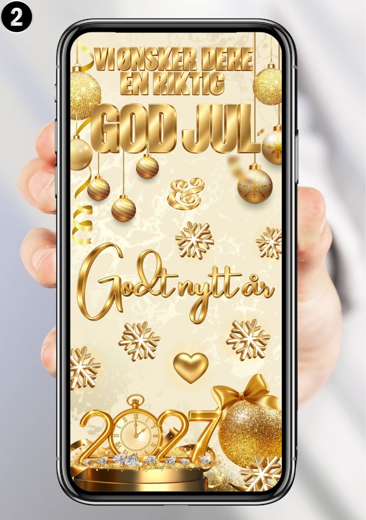 Digitalt julekort vist på mobil med gullkuler, snøfnugg, et gullhjerte og jule- og nyttårshilsen på lys bakgrunn, med 2027 og en klokke nederst.