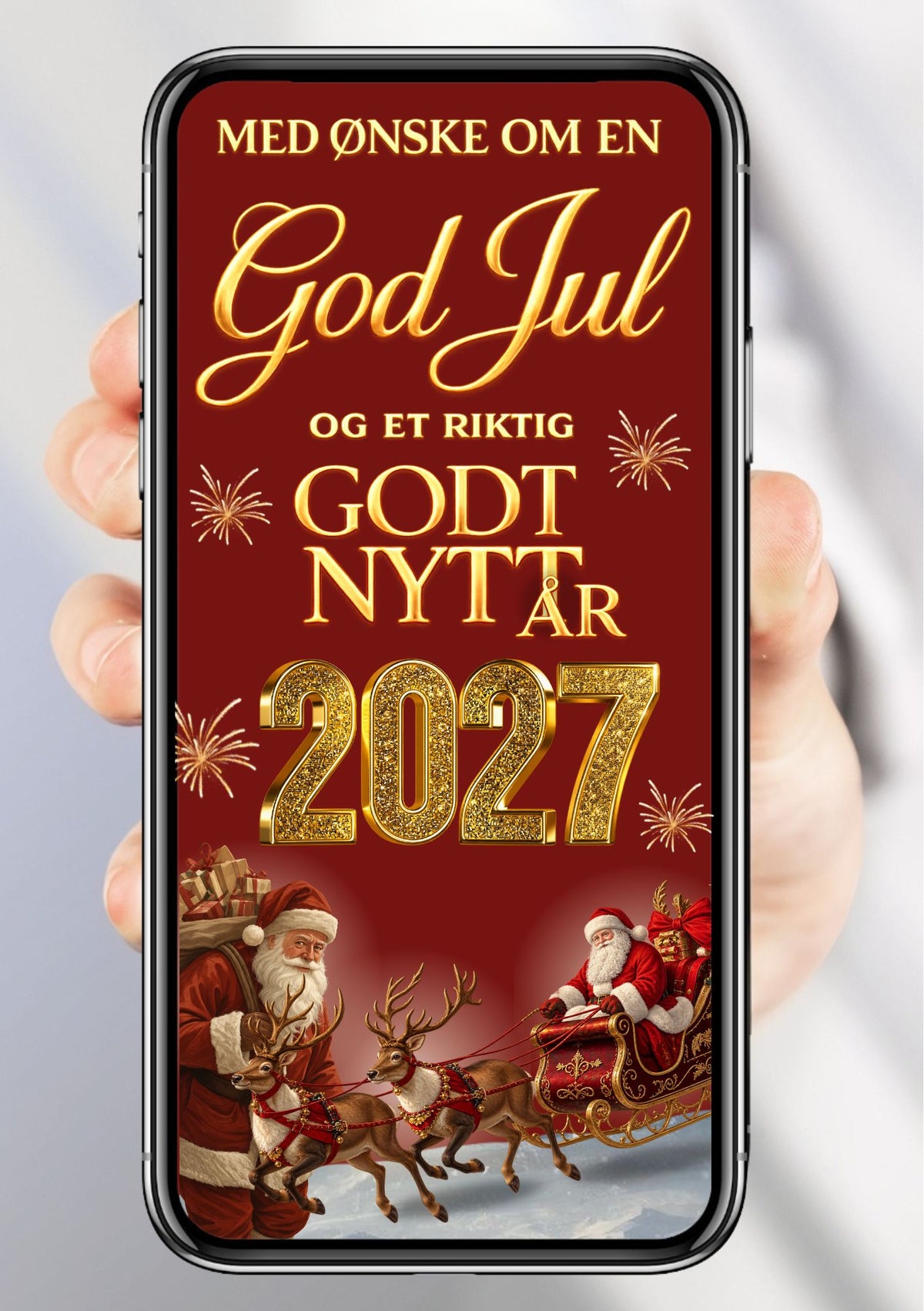 Digitalt julekort vist på mobil med julenisse med gavesekk og julenisse i slede med reinsdyr, gulltallet 2027 og jule- og nyttårshilsen på rød bakgrunn.