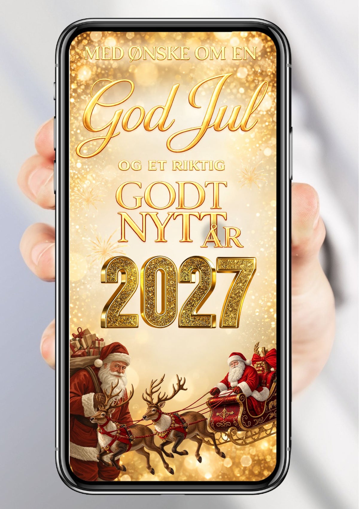 Digitalt julekort vist på mobil med julenisse med gavesekk og julenisse i slede med reinsdyr, gulltallet 2027 og jule- og nyttårshilsen på lys gullbakgrunn.