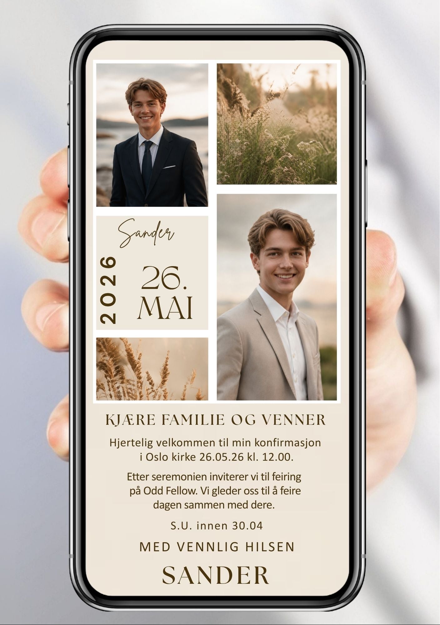 Digital invitasjon til konfirmasjon i beige med organisk fotocollage, håndskrift og dato, vist på mobilskjerm