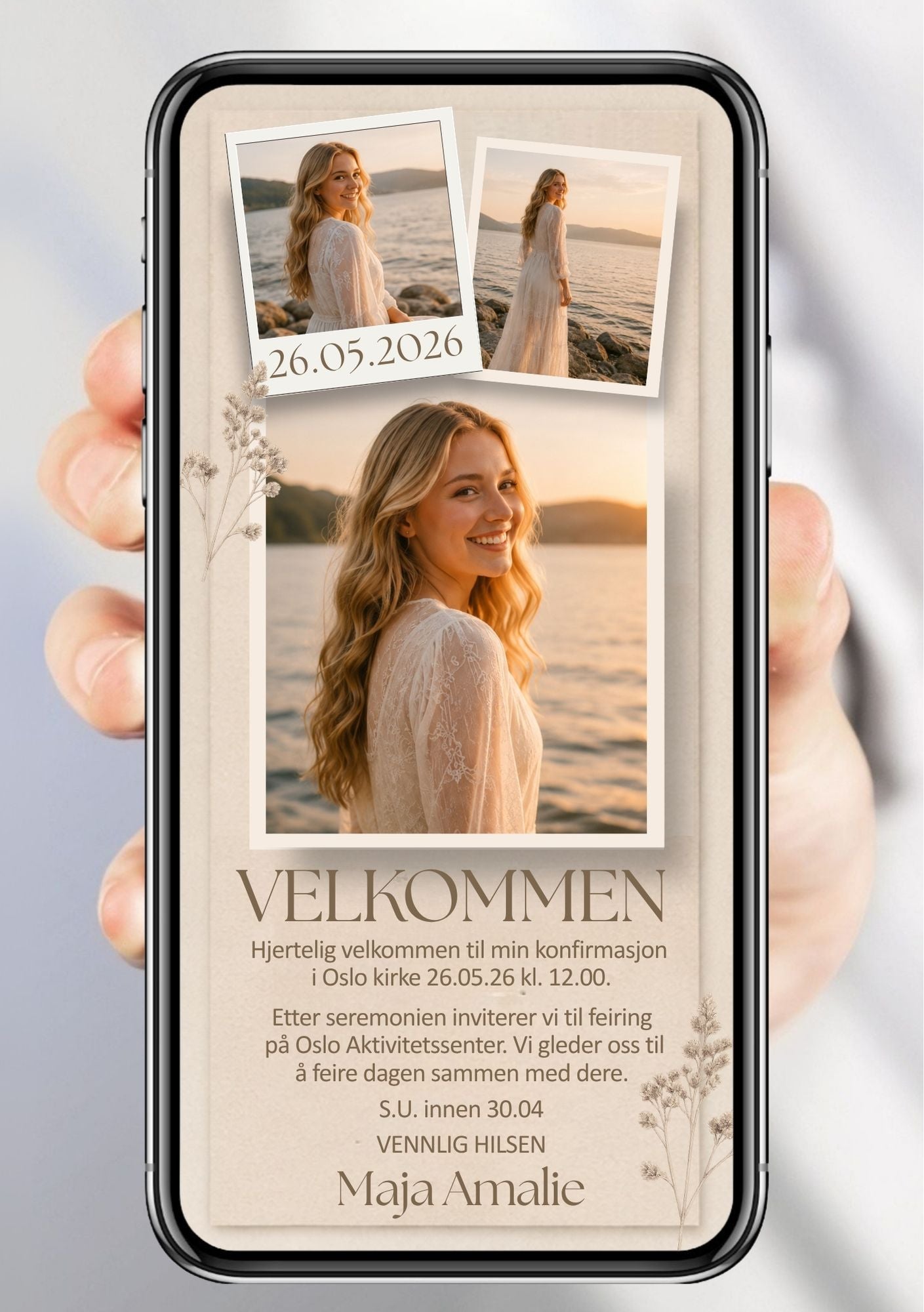 Digital invitasjon til konfirmasjon i beige med tre polaroidbilder, botanisk detalj, dato og velkomsttekst, vist på mobilskjerm