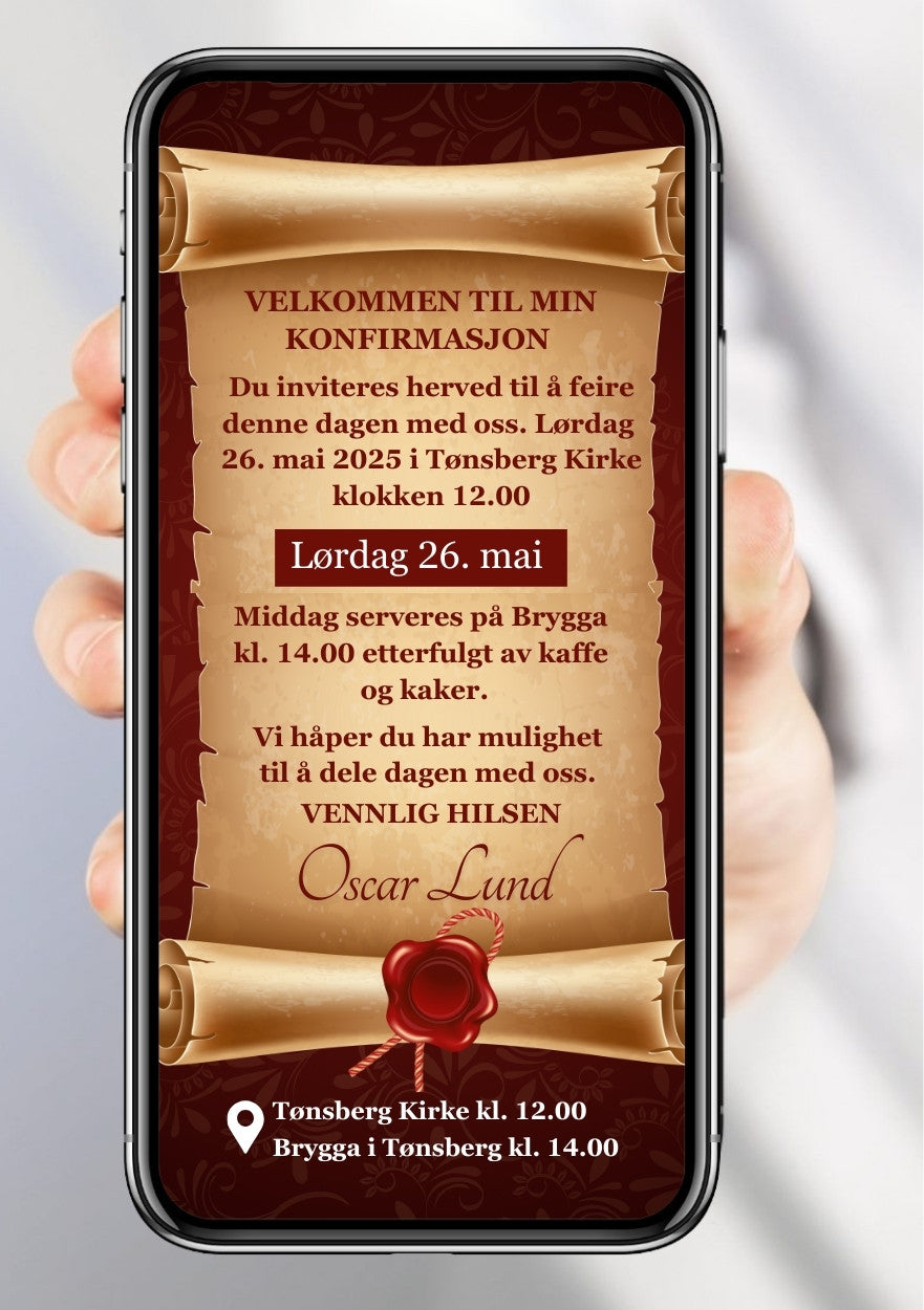 Digital konfirmasjonsinvitasjon med pergamentrull, rødt vokssegl og håndskrevet skrift på beige og mørkerød bakgrunn