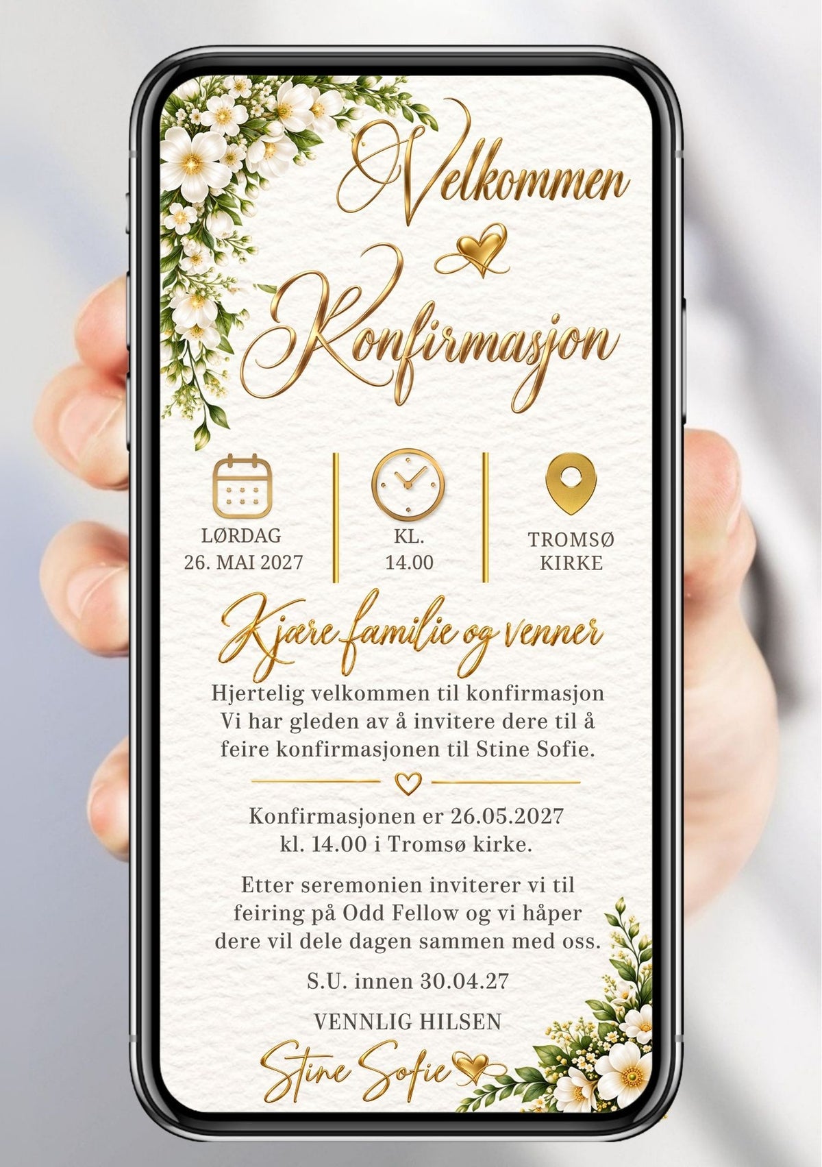 Digital konfirmasjonsinvitasjon på mobil med gullskrift, blomster og tre felt for dato, klokkeslett og sted.