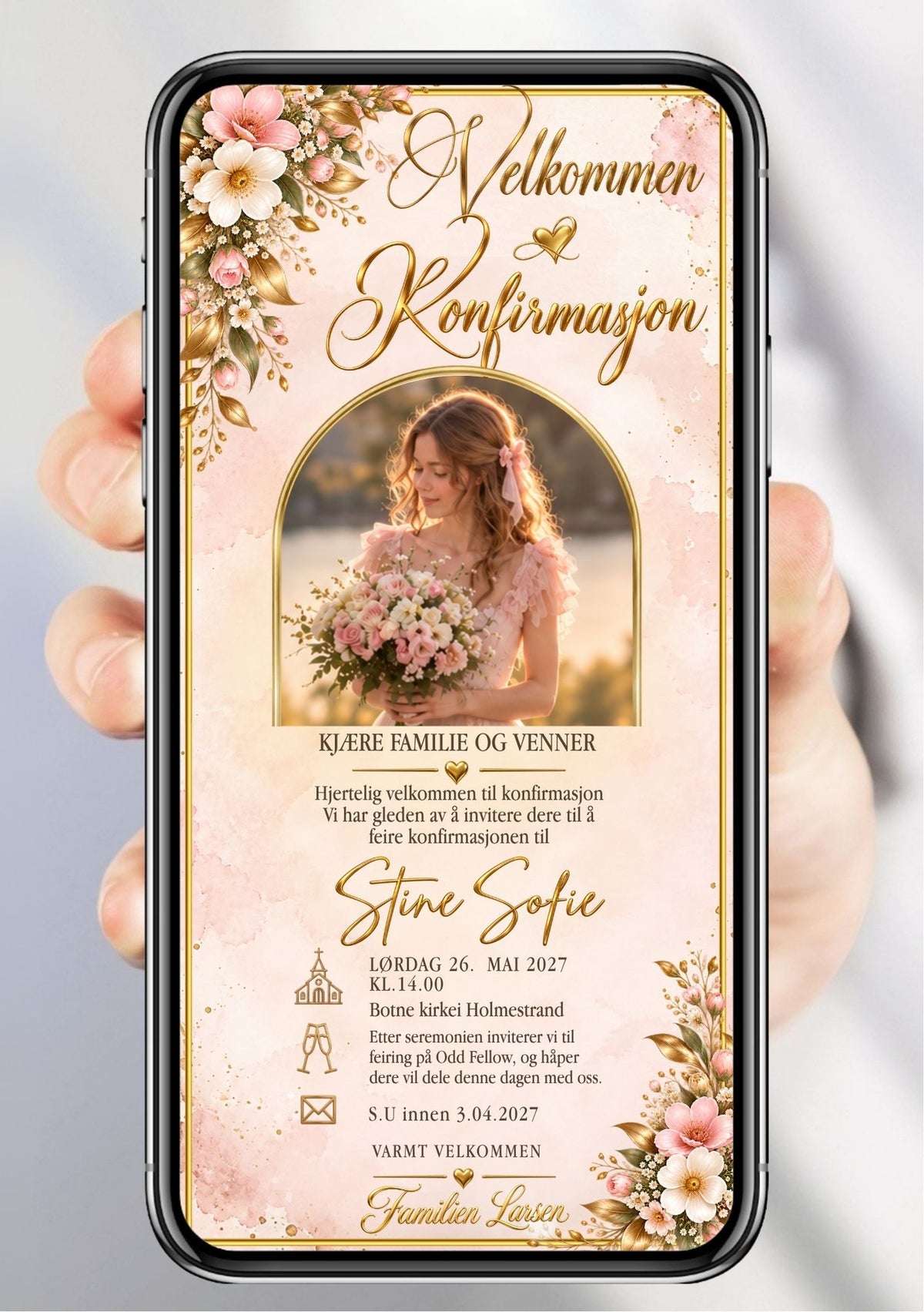 Digital konfirmasjonsinvitasjon på mobil med portrett, rosa blomster og gullskrift.
