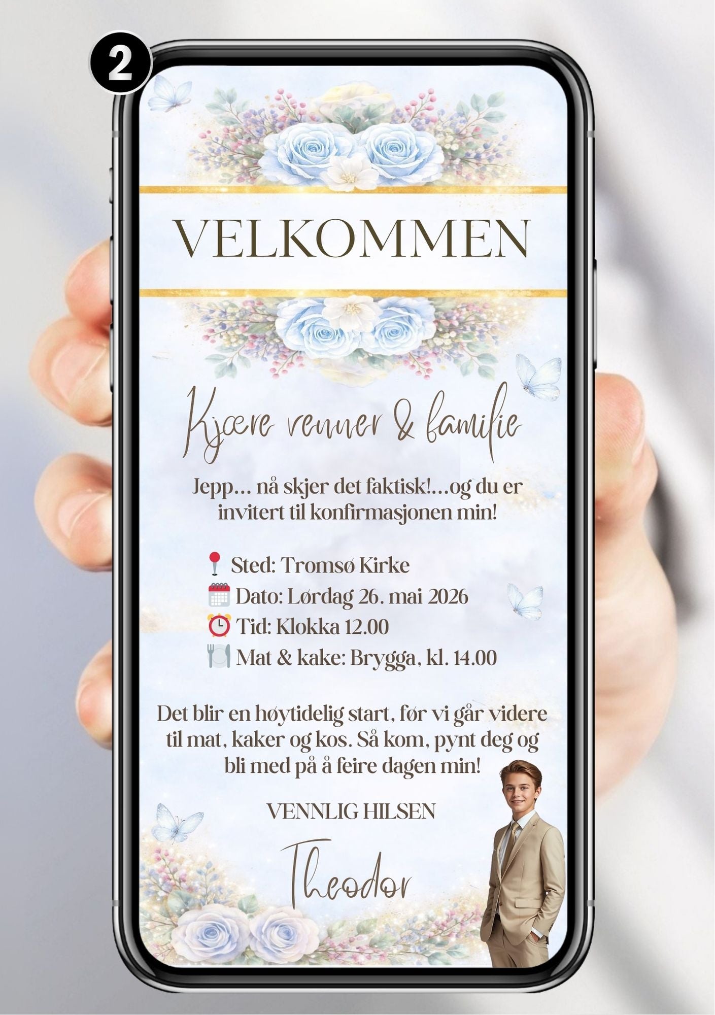 Digital konfirmasjonsinvitasjon for gutt med blå roser og personlig festtekst – friskt og elegant design med bilde klar til deling på mobil