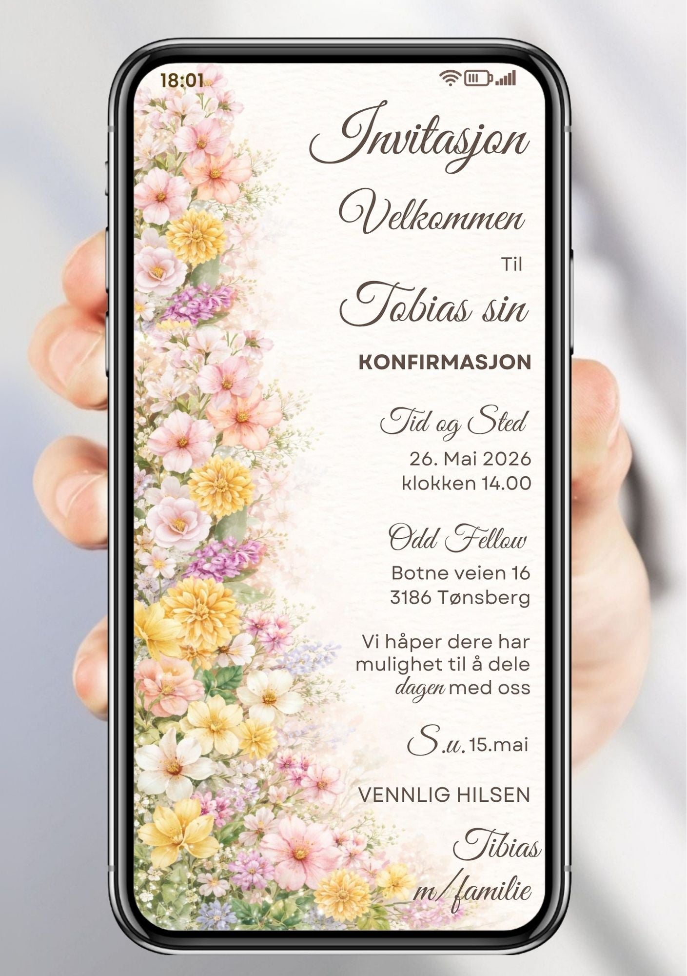 Digital konfirmasjonsinvitasjon med blomsterdekor i akvarellstil, elegant kalligrafiskrift og personlig festtekst – tidløst og vakkert design