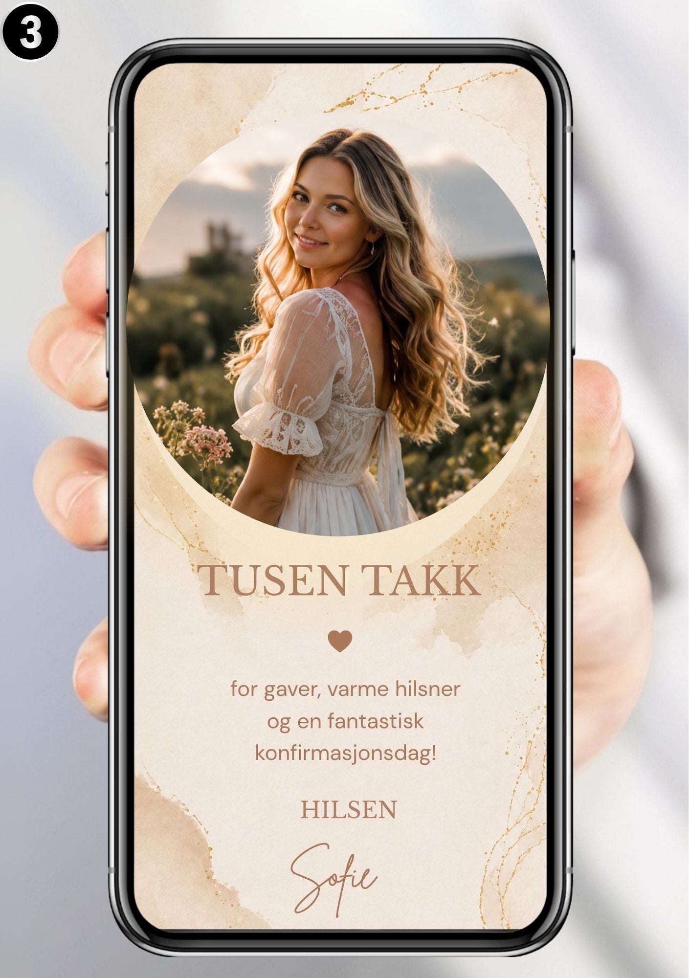 Digitalt takkekort til konfirmasjon i beige med rundt bilde, blomsterdetaljer og takketekst, vist på mobilskjerm