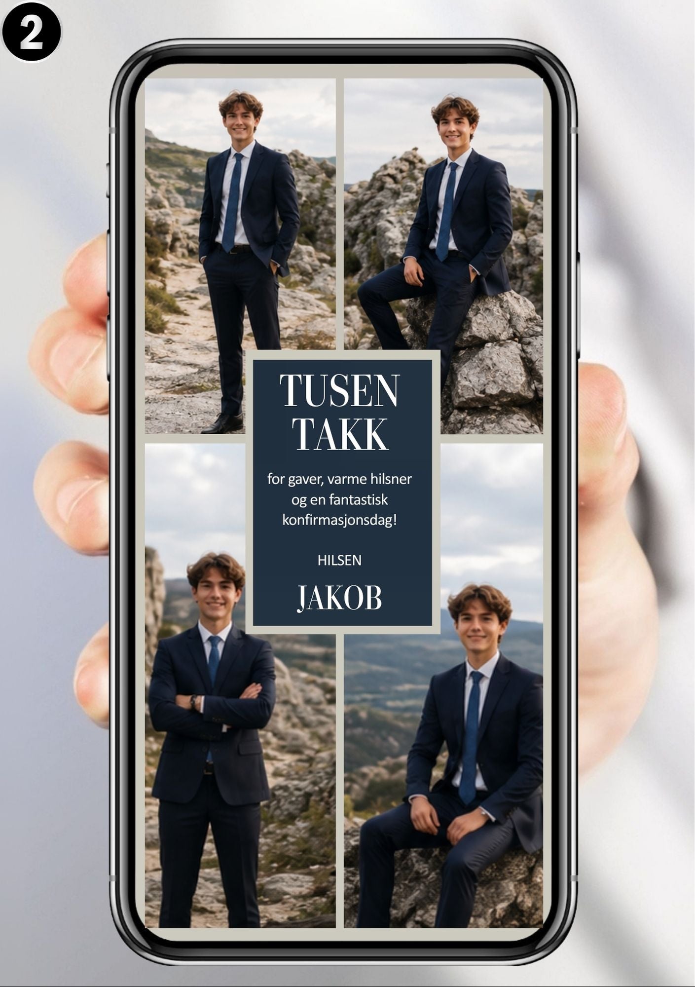 Digitalt takkekort til konfirmasjon i navy med tre bilder i fullskjerm-grid og personlig takketekst, vist på mobilskjerm