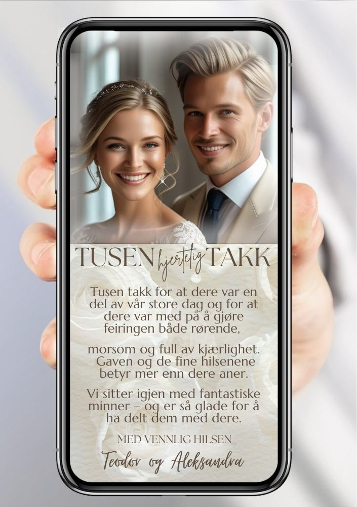 Takkekort bryllup beige elegant - personlig design med ferdig tekstforslag