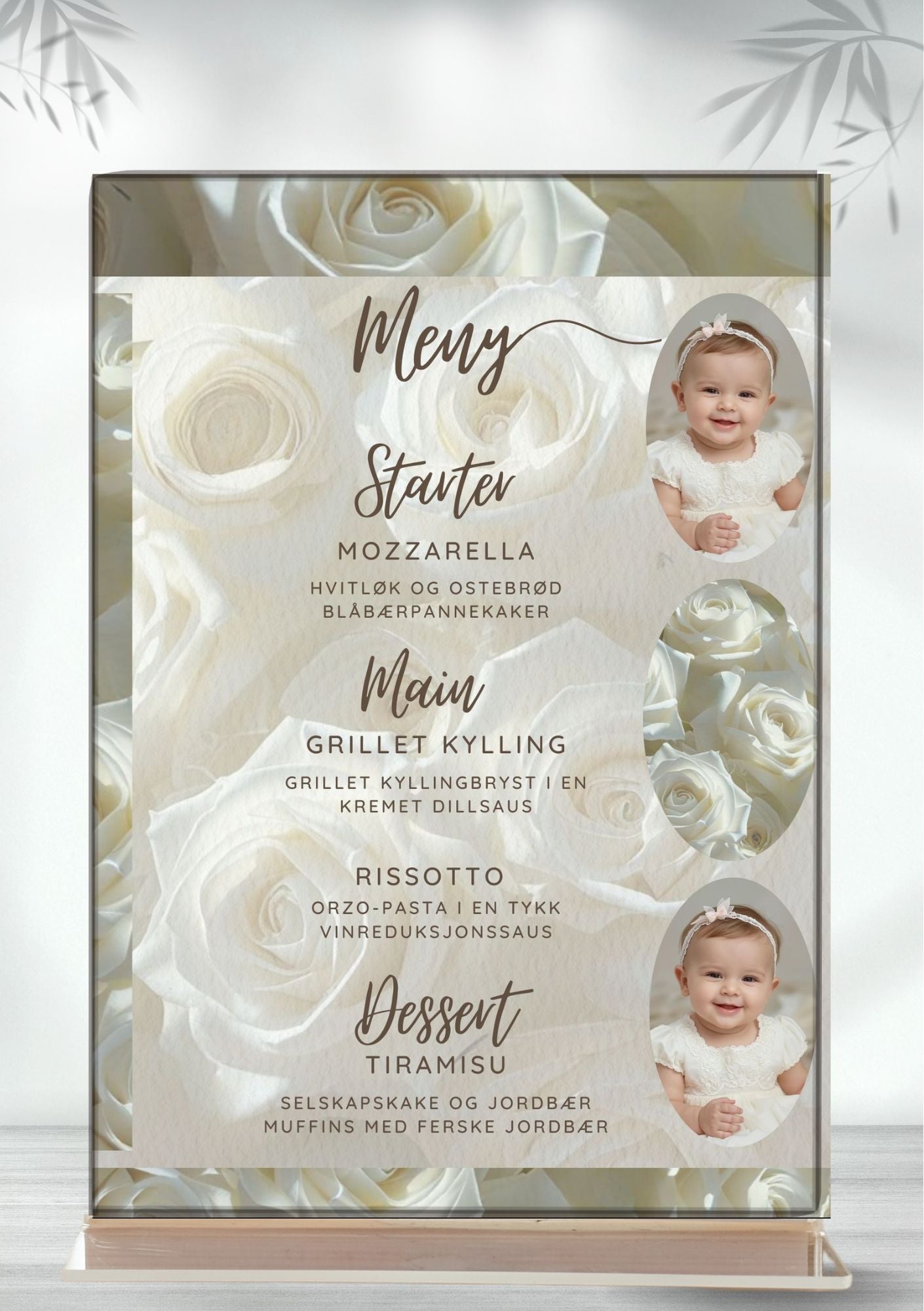 Menykort med hvite roser og babybilde - elegant digital meny fra KISS DEKOR