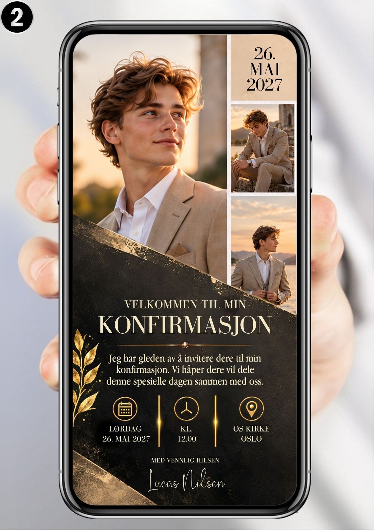 Konfirmasjonsinvitasjon vist på mobil med tre portrettbilder, mørk bakgrunn og tydelige felt for dato, tid og sted.