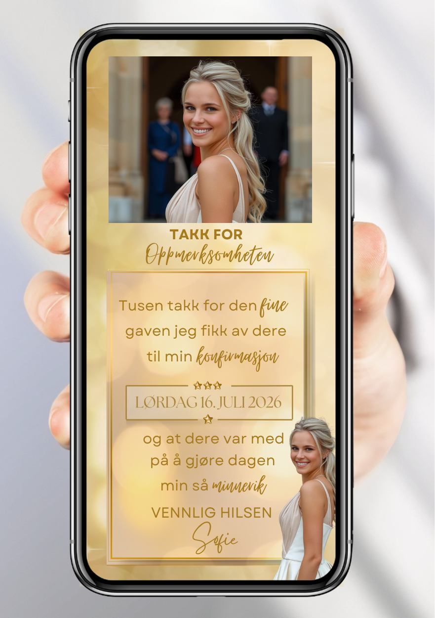 Takkekort konfirmasjon gull elegant - personlig design med ferdig tekstforslag