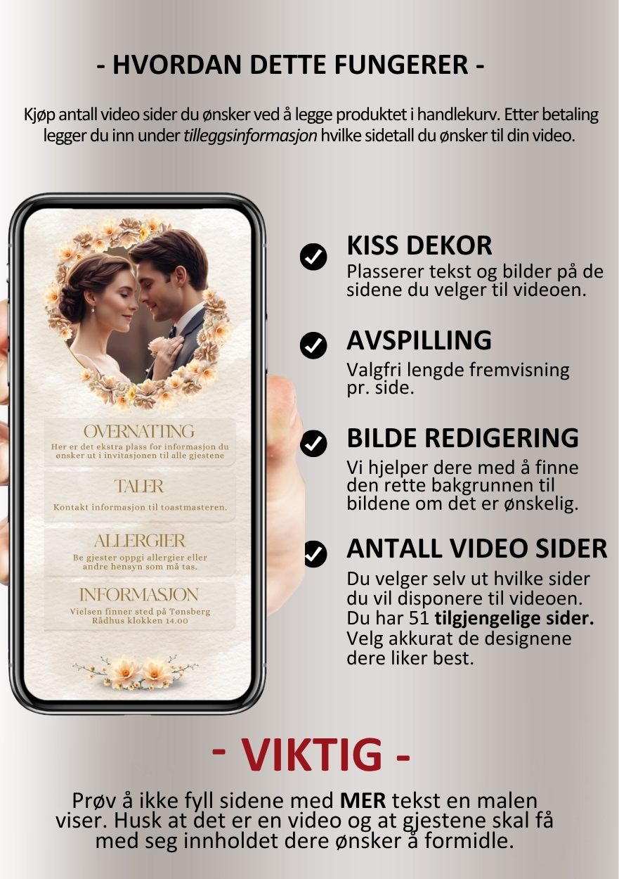 Bryllupsvideo invitasjon elegant med musikk - personlig design med ferdig tekstforslag - KISS DEKOR