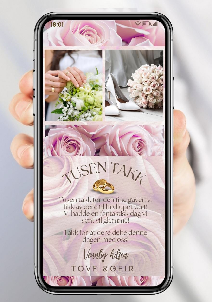 Takkekort bryllup rosa romantisk - personlig design med ferdig tekstforslag - KISS DEKOR