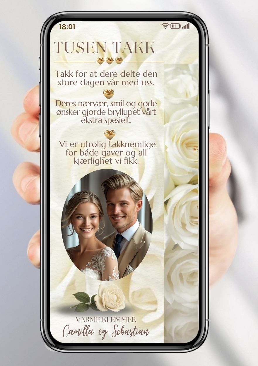 Takkekort bryllup kremhvit moderne - personlig design med ferdig tekstforslag - KISS DEKO