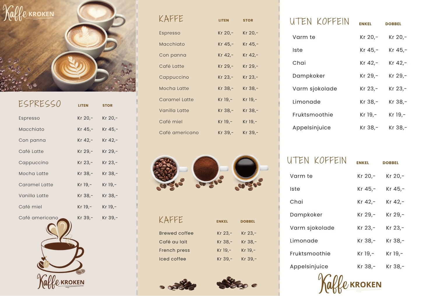 Prisliste kafé – minimalistisk meny for kaffebar