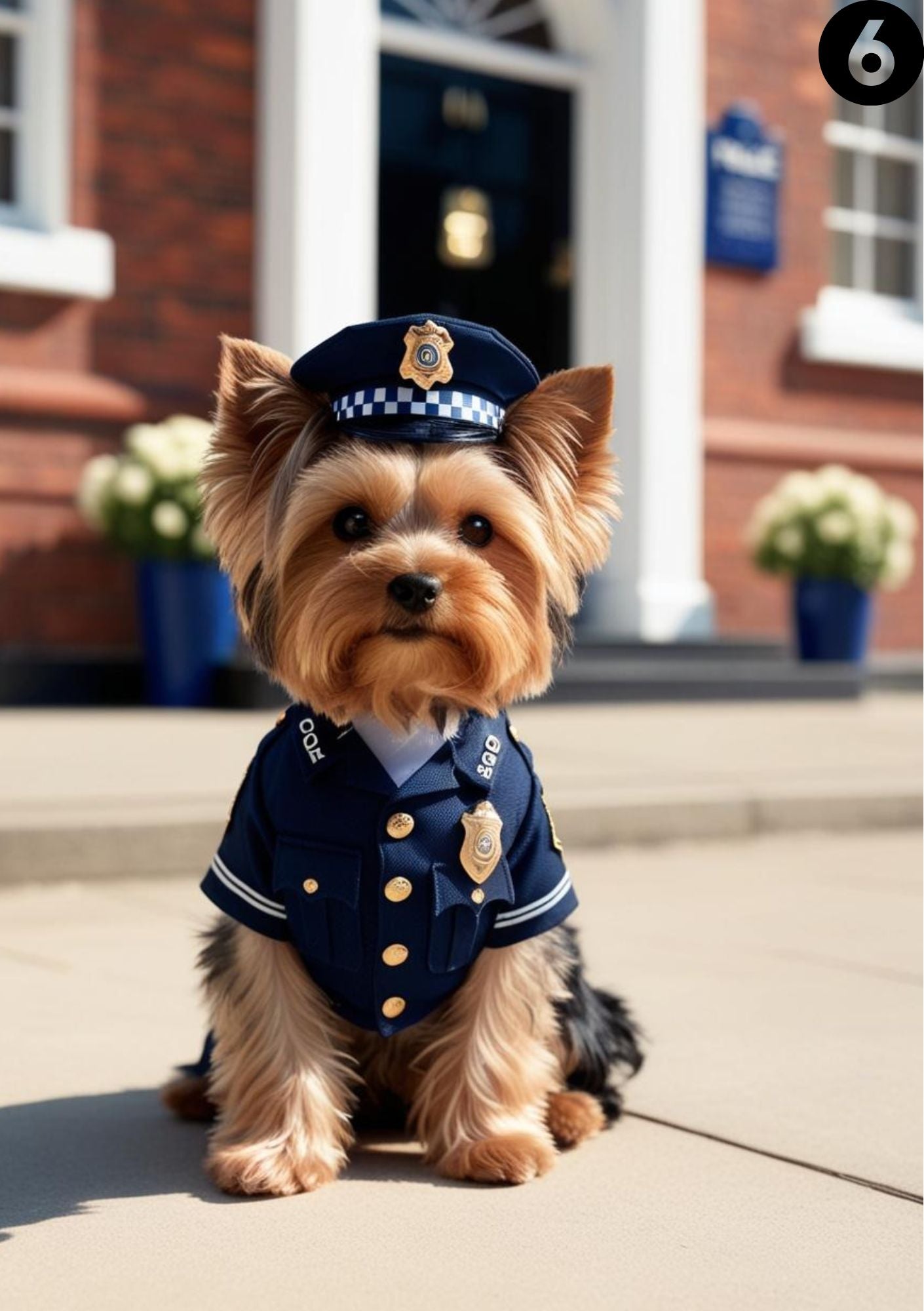 Yorkshire Terrier politihund på fortau - søt hund i politiuniform fra KISS DEKOR