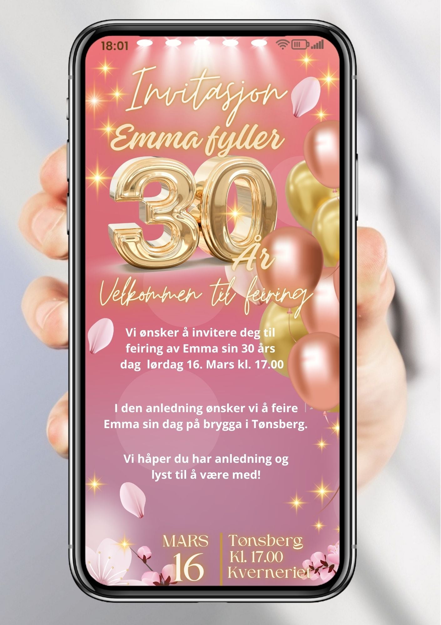 Digital bursdagsinvitasjon med gull tall, rosa og gull ballonger og blomsterblader på rosa bakgrunn, vist på mobilskjerm