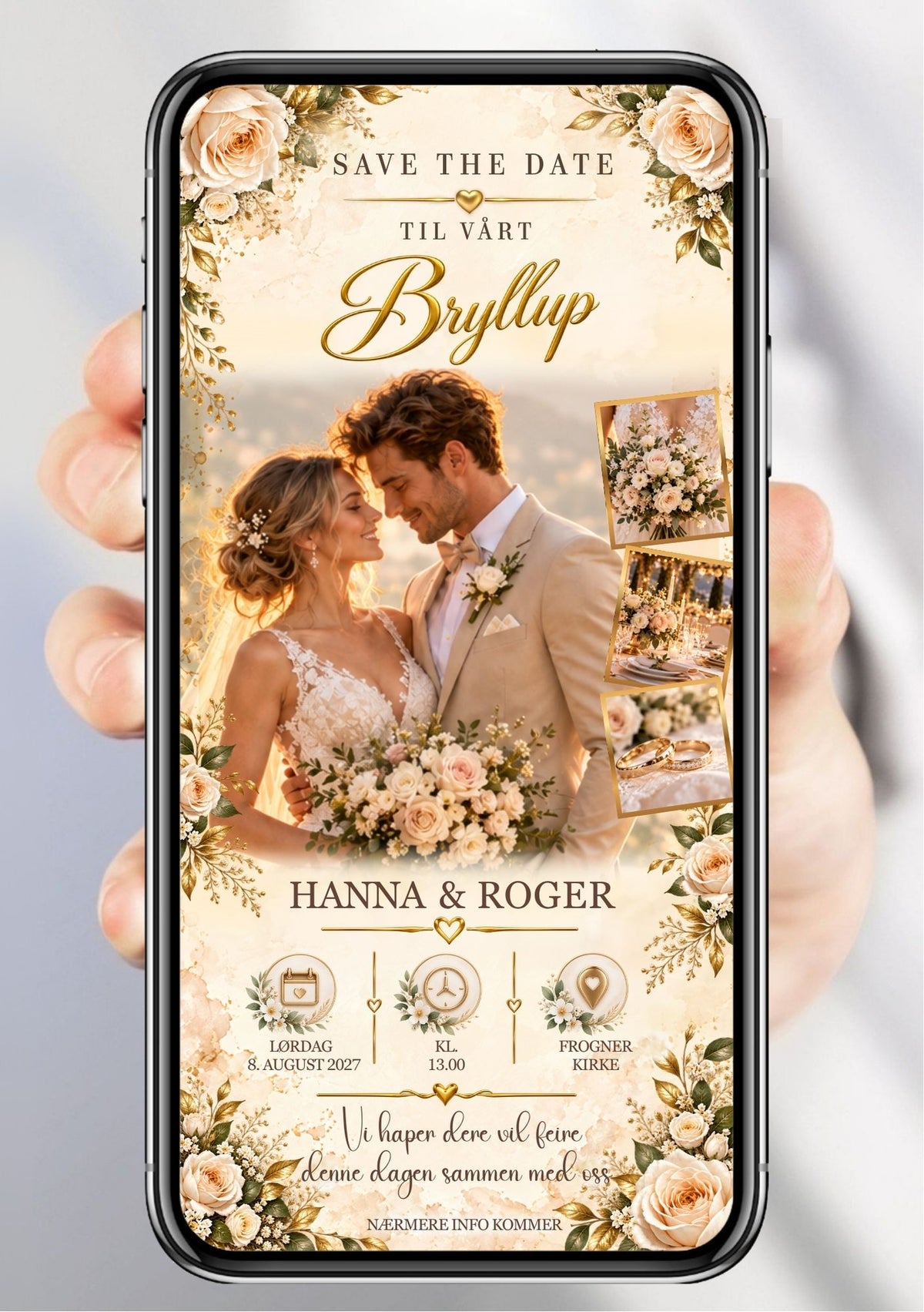 Digital Save the Date vist på mobil med bilde av et brudepar, små detaljbilder, lyse roser, gulldetaljer og ikoner for dato, klokkeslett og sted.