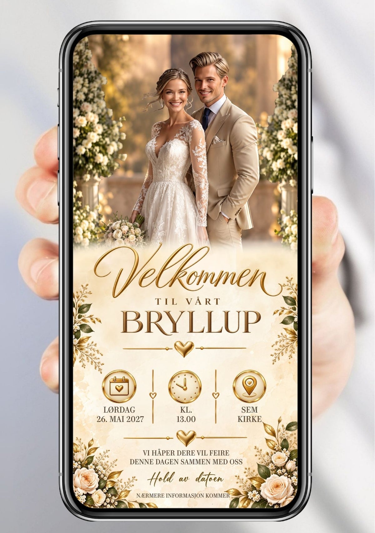 Save the Date til bryllup vist på mobil med bilde av et brudepar, kremfargede roser, gylne hjerter og ikoner for dato, klokkeslett og sted.