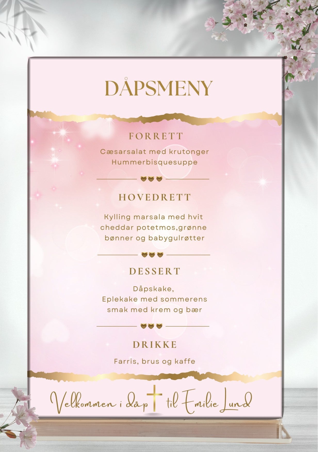Alt-tekst variantbilde: Personlig dåpsmeny rosa med gullskrift og gulldetaljer – elegant design til dåp