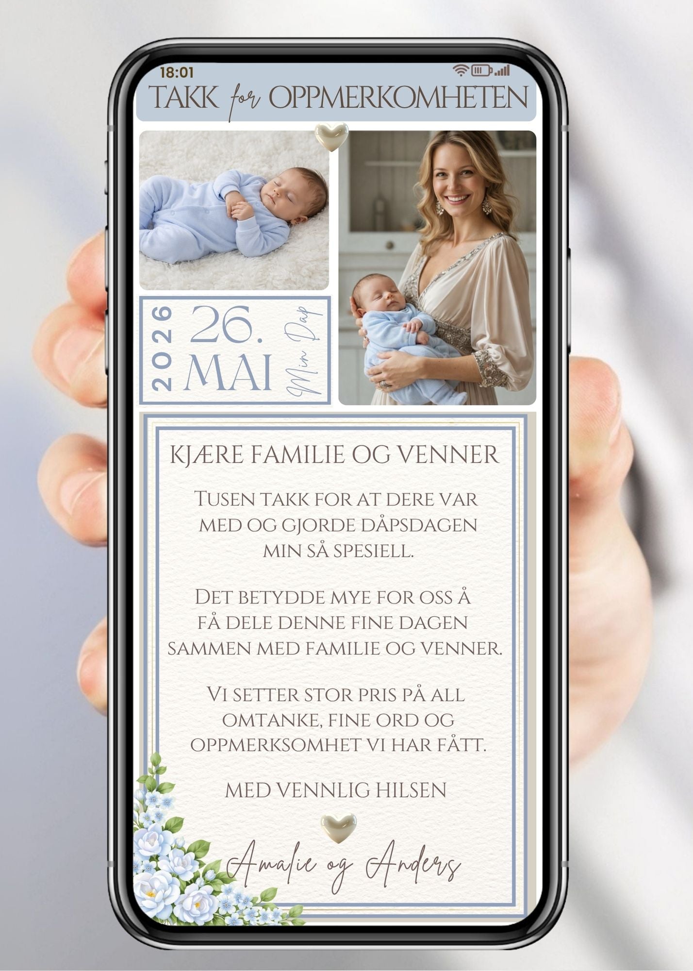 Digitalt takkekort dåp i beige med familiebilder, hjerte og personlig hilsen – elegant og klassisk design klar til deling på mobiL