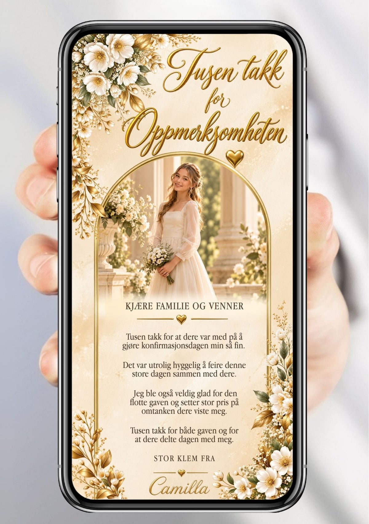Digitalt takkekort til konfirmasjon på mobil med portrett i gullbue, gullskrift, hvite blomster og gyldent bladverk.