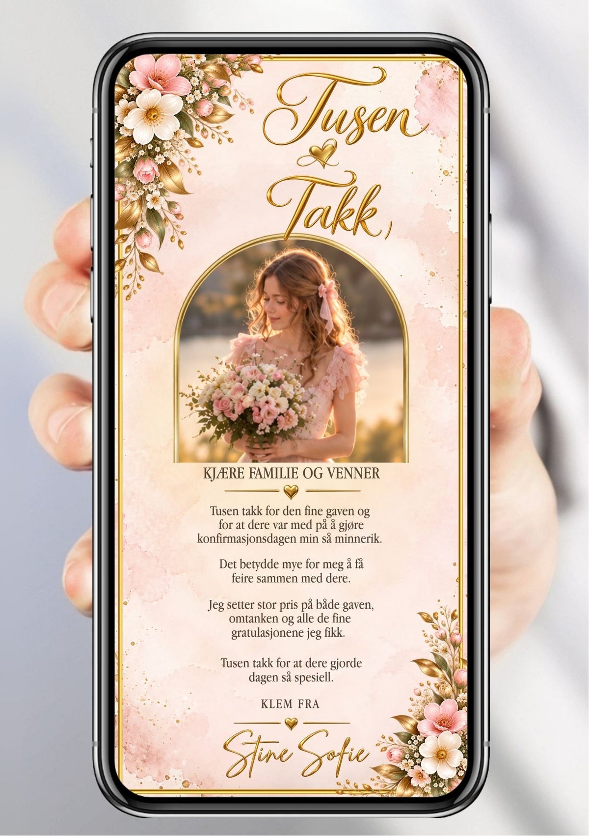 Digitalt takkekort til konfirmasjon på mobil med portrett i gullbue, rosa og hvite blomster, dus rosa bakgrunn og gullskrift.