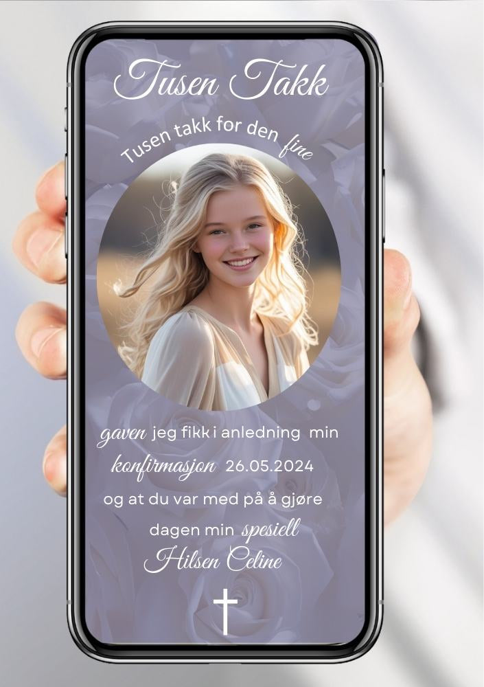 Lilla – Mobil takkekort konfirmasjon med bilde, kors og lilla bakgrunn
