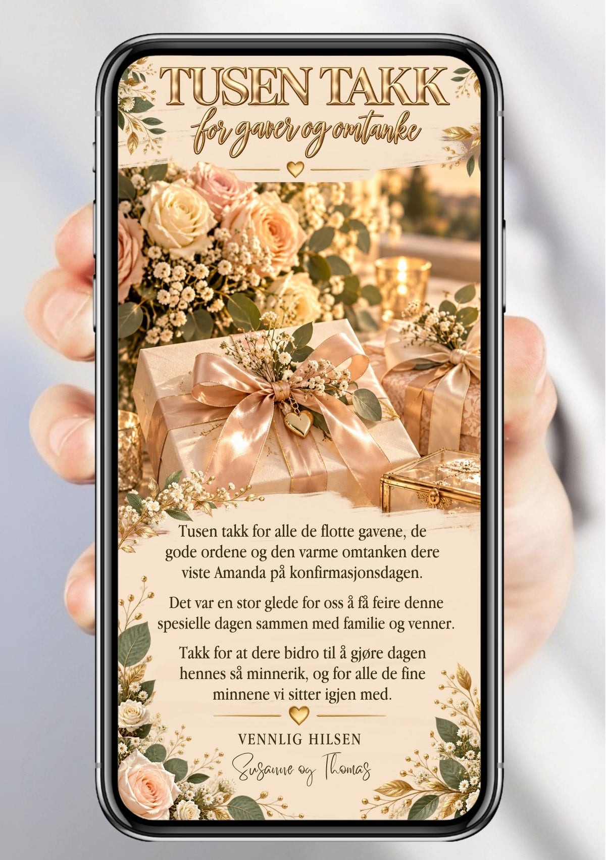 Takkekort til konfirmasjon vist på mobil, med rosa og kremfargede roser, gavepakker med sløyfer og små hvite blomster på kremfarget bakgrunn.