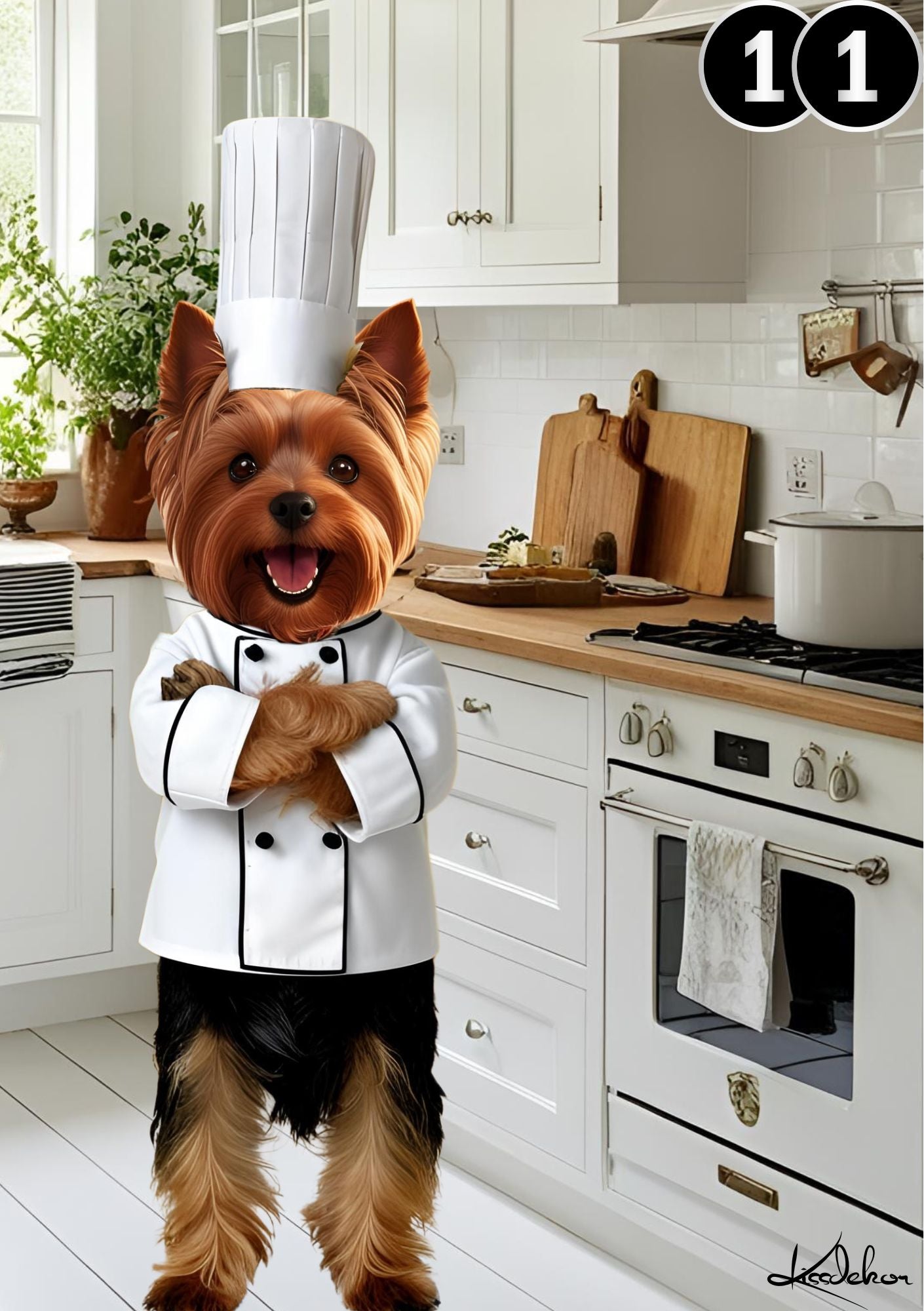 Yorkshire Terrier kokk hvitt kjøkken varmt - søt hund som kokk i kjøkkenet fra KISS DEKOR