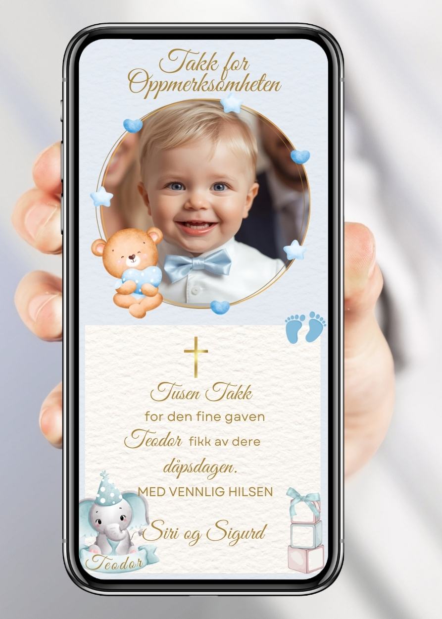 Takkekort til dåp blå med kors