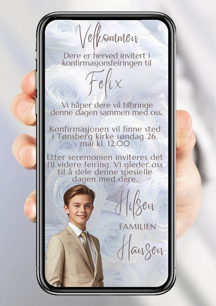 Konfirmasjonsinvitasjon blå med bilde - personlig design med ferdig tekstforslag - KISS DEKOR