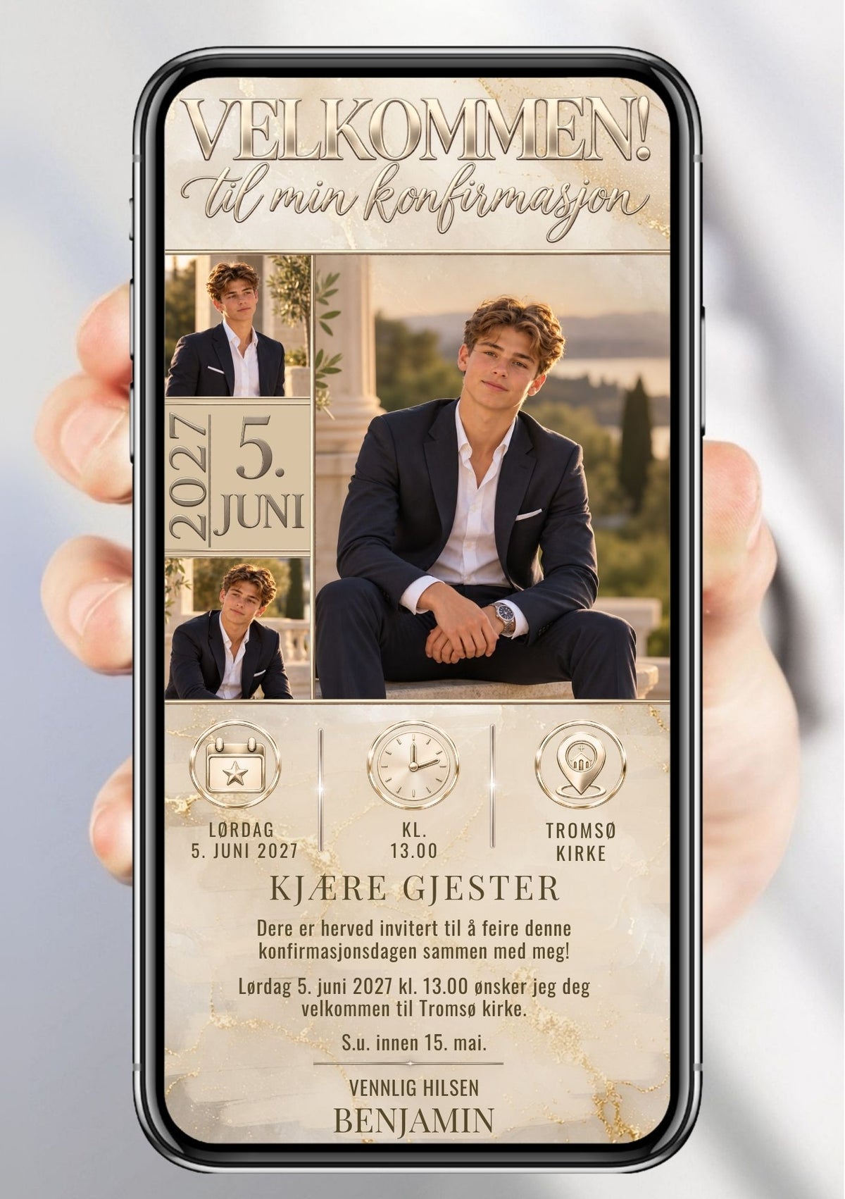 Konfirmasjonsinvitasjon vist på mobil, med ett stort portrett til høyre, to mindre bilder og datofelt til venstre samt bakgrunn i champagnetoner.