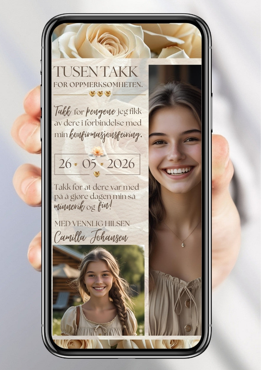 Takkekort til konfirmasjon - digitale takkekort med personlig design