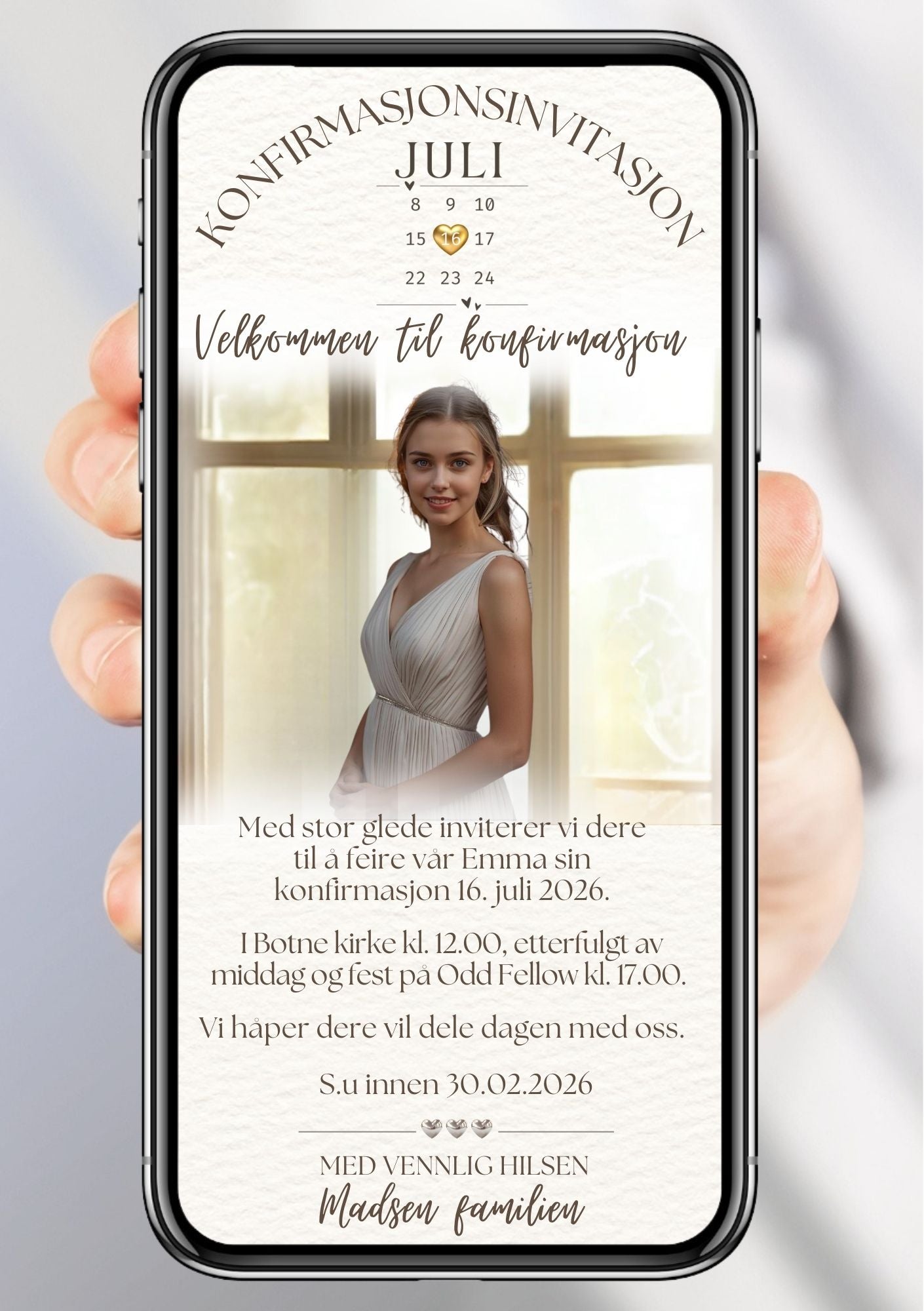 Digital konfirmasjonsinvitasjon for jente - elegant design med kalender, konfirmantbilde og personlig tekst på mobil