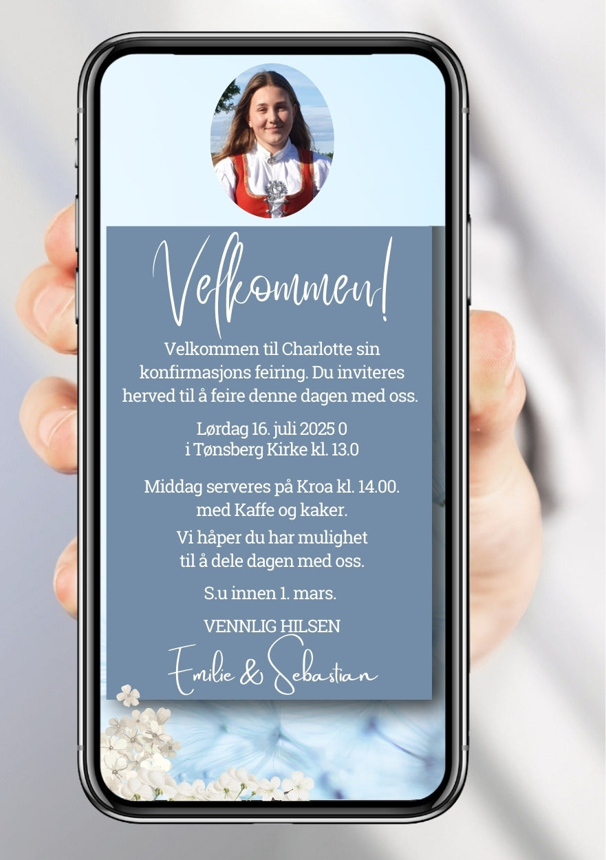 Digital konfirmasjonsinvitasjon med blå bakgrunn, lilla blomster, rundt bilde og håndskrevet skrift