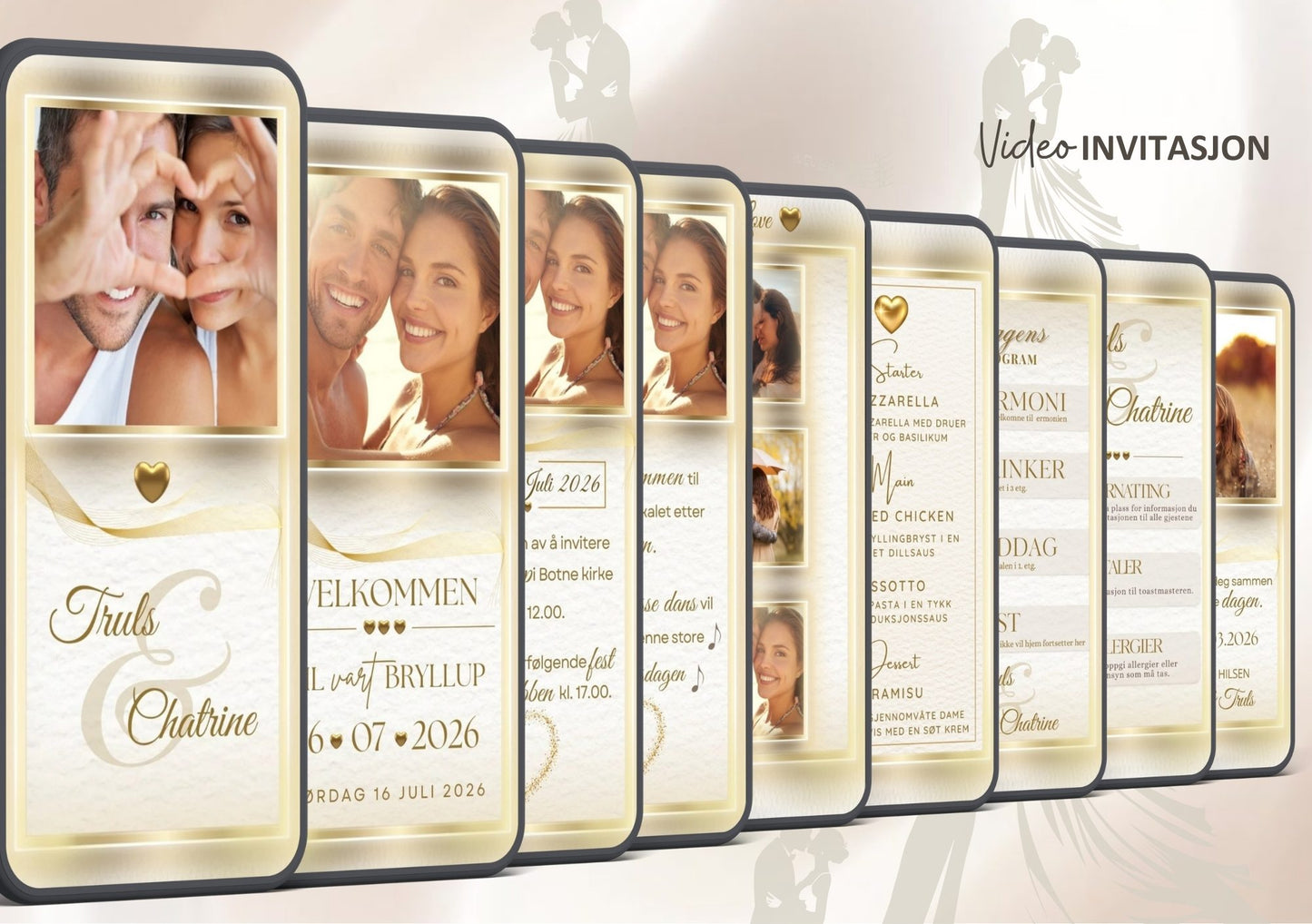 Bryllupsvideo invitasjon gull 9 sider med musikk - personlig design med ferdig tekstforslag - KISS DEKOR