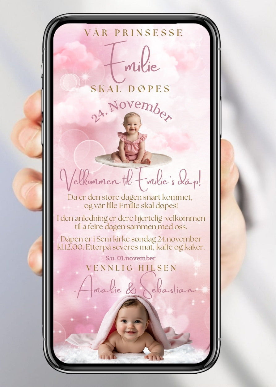 Dåpsinvitasjon og navnefest rosa med 2 bilder - personlig design med ferdig tekstforslag - KISS DEKOR