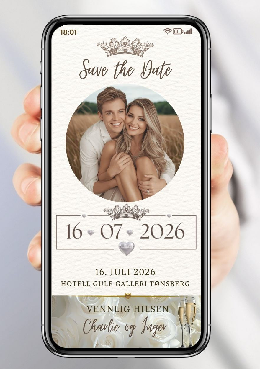 Save the Date krone bryllup - personlig og elegant. Ferdig tekstforslag - KISS DEKOR