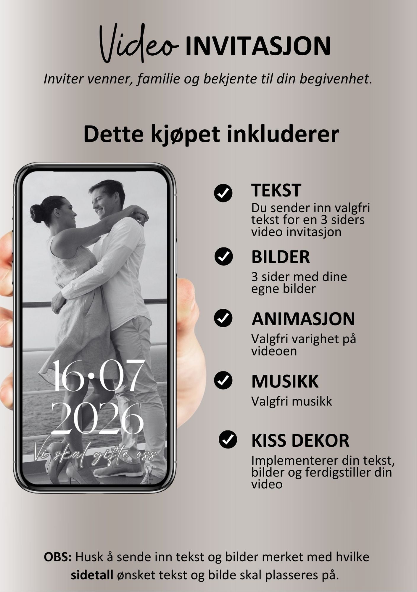 Save the date invitasjon moderne 5 sider med musikk - personlig design med ferdig tekstforslag - KISS DEKOR