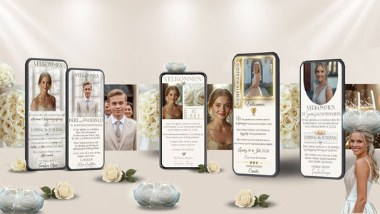 Konfirmasjonsinvitasjoner fra KISS DEKOR - digitale invitasjoner vist på mobil med elegante design