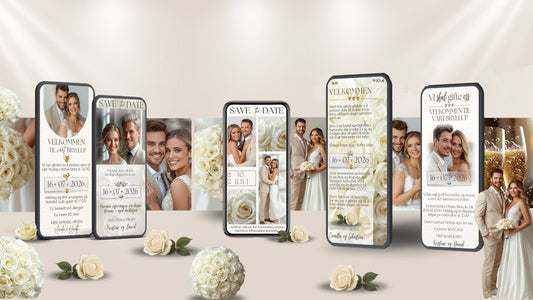 Bryllupsinvitasjoner fra KISS DEKOR - Save the Date og digitale invitasjoner vist på mobil