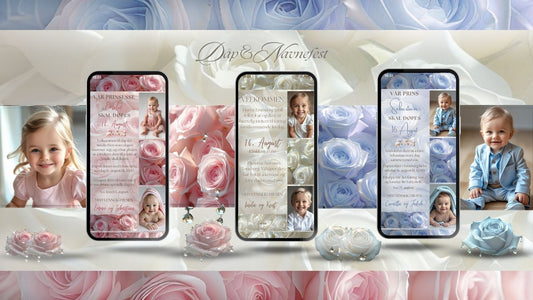 Dåpsinvitasjoner fra KISS DEKOR - digitale invitasjoner for jente og gutt med blomstermotiv