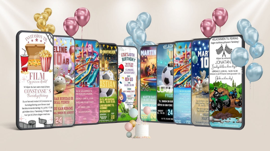 Bursdagsinvitasjoner fra KISS DEKOR - digitale invitasjoner vist på mobil