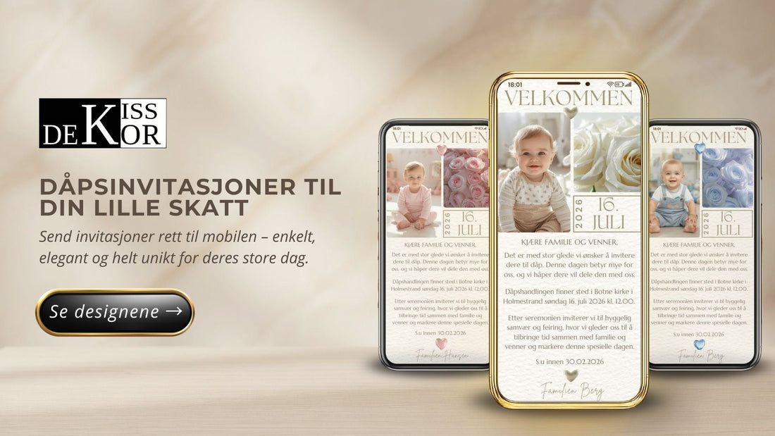 Bannerbilde for KISS DEKOR dåpsinvitasjoner – tre mobilskjermer med digitale invitasjoner med babybilde, hvite roser og teksten "Velkommen" og dato 16. juli, på beige bakgrunn 