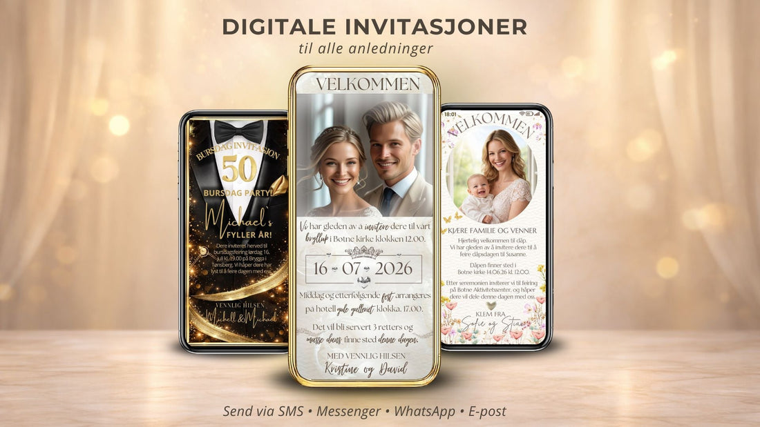 Bannerbilde for KISS DEKOR digitale invitasjoner til alle anledninger – tre mobilskjermer med bursdagsinvitasjon for Michael 50 år, bryllupsinvitasjon med brudeparbilde og dåpsinvitasjon med babybilde, på gull og beige bakgrunn 