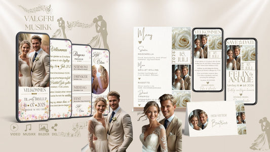 Bryllupsinvitasjoner fra KISS DEKOR - Save the Date, videoinvitasjoner, menyer og bordkort i matchende design